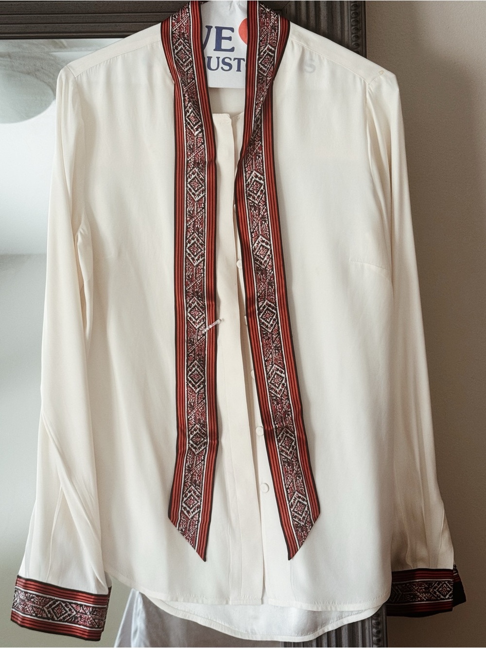 Veronica Beard Cream Silk Blouse with Red Embroidered Trim
